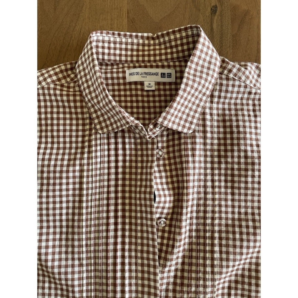 Uniqlo IDLF Ines de la Fressange cotton check gingham blouse M brown ivory